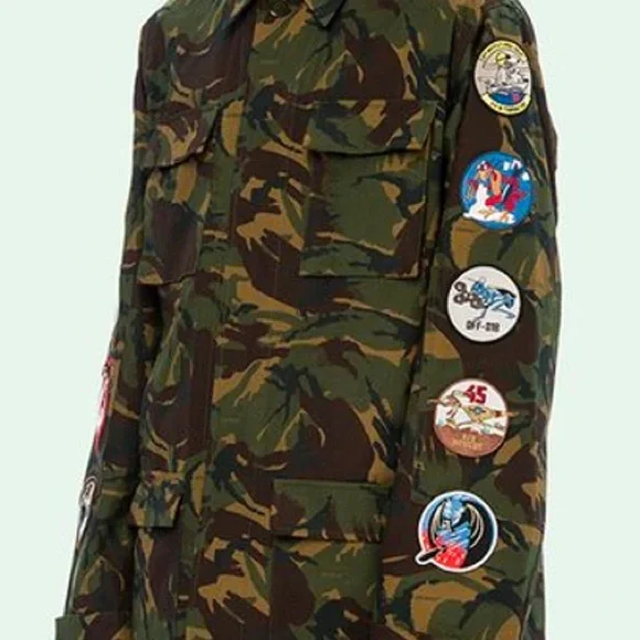 Off-White Camouflage Jacket with Patches and Orange Accents